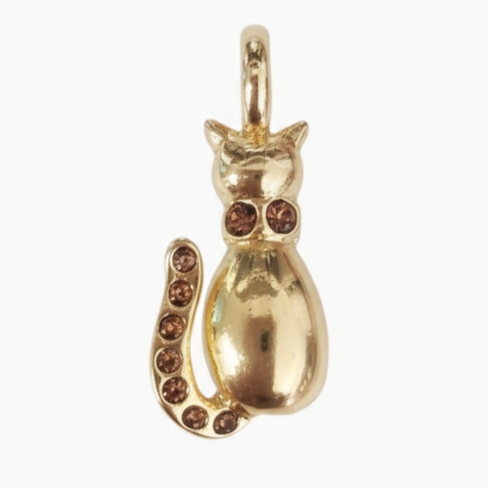 Cat Pendant Goldtone Brown Crystals signed KIS, approximately 1"
